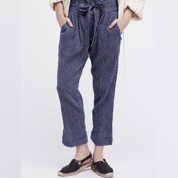 FREE People Paperbag Waist Pants Rumors Yarn Dye Blue Harem Size XS Bohemian - Picture 2 of 13